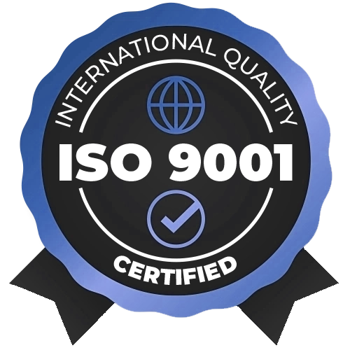 ISO 9001 certified badge in a black and blue design, showcasing adherence to international quality management standards for heating and cooling services.