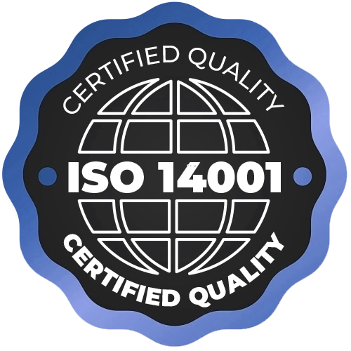 Black and blue ISO 14001 certified quality badge featuring a globe, highlighting eco-friendly practices in HVAC and ventilation services.