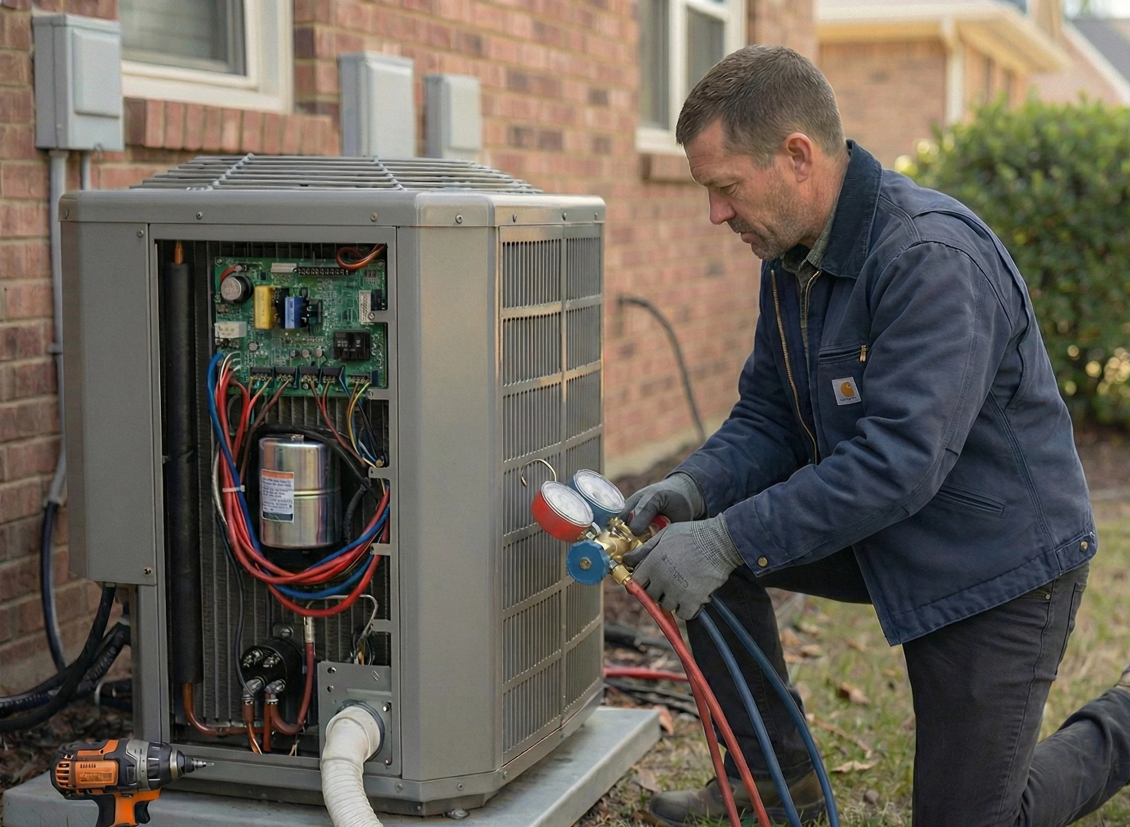 An experienced Air Dynamics of Tulsa technician diagnosing an outdoor AC unit with gauges for repair service in Tulsa, OK.